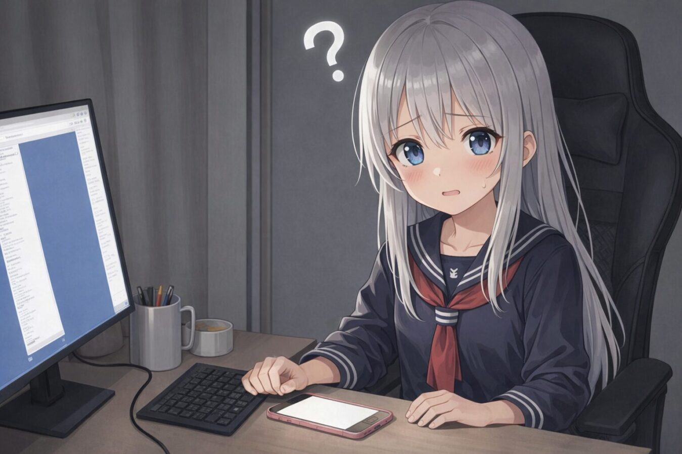 外部記憶の整理方法を考え込み、頭上に疑問符を浮かべる少女のイラスト。
