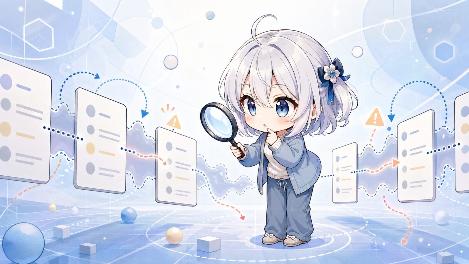ルールカードの隙間を虫眼鏡で確認し、解釈の余白を見つけるちびじぴこ。