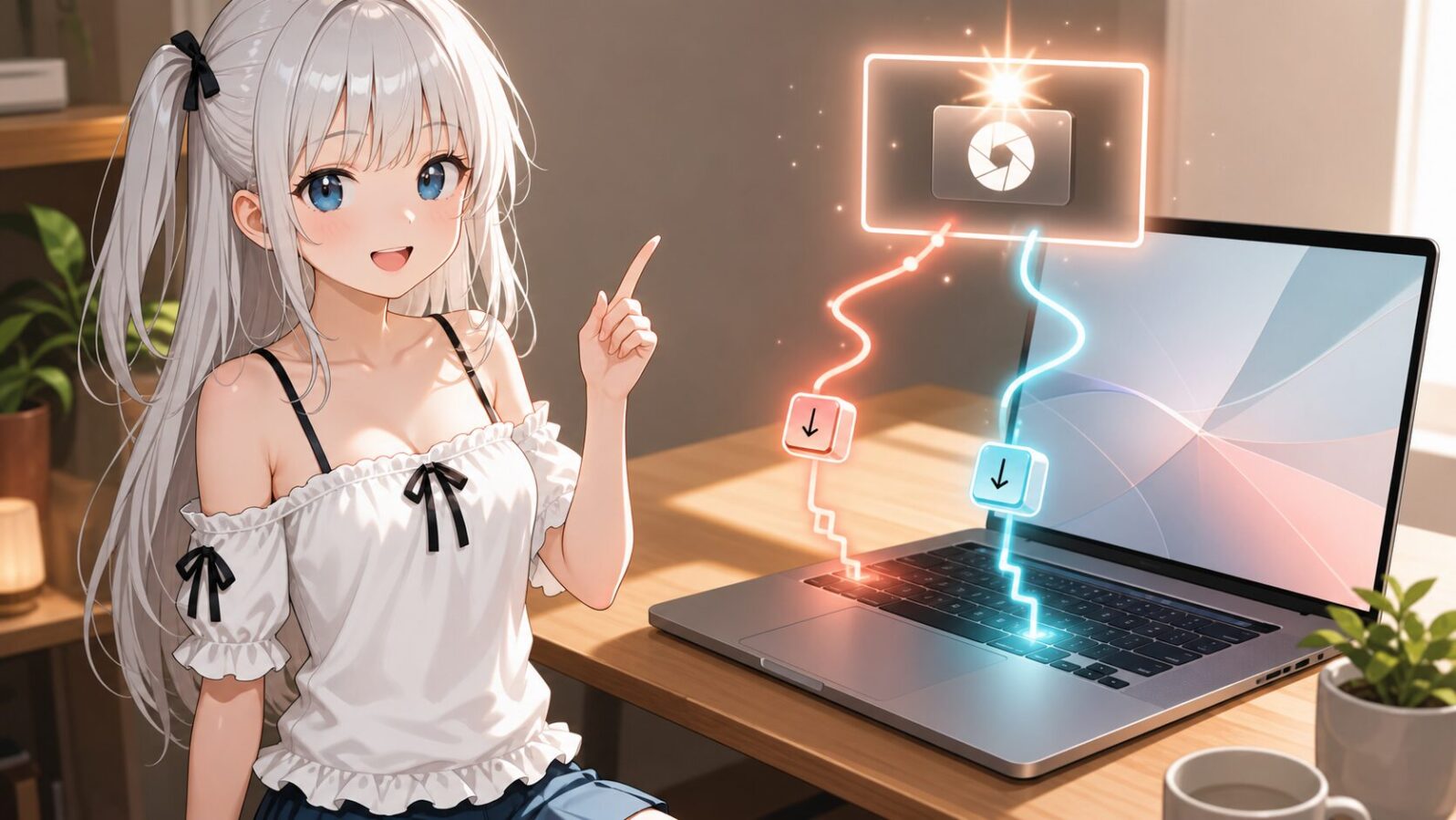 CGEventのkeyDown/keyUpでAppShotホットキーを発火する流れを、低レベル入力の光のパルスとカメラ風モチーフで表した画像。