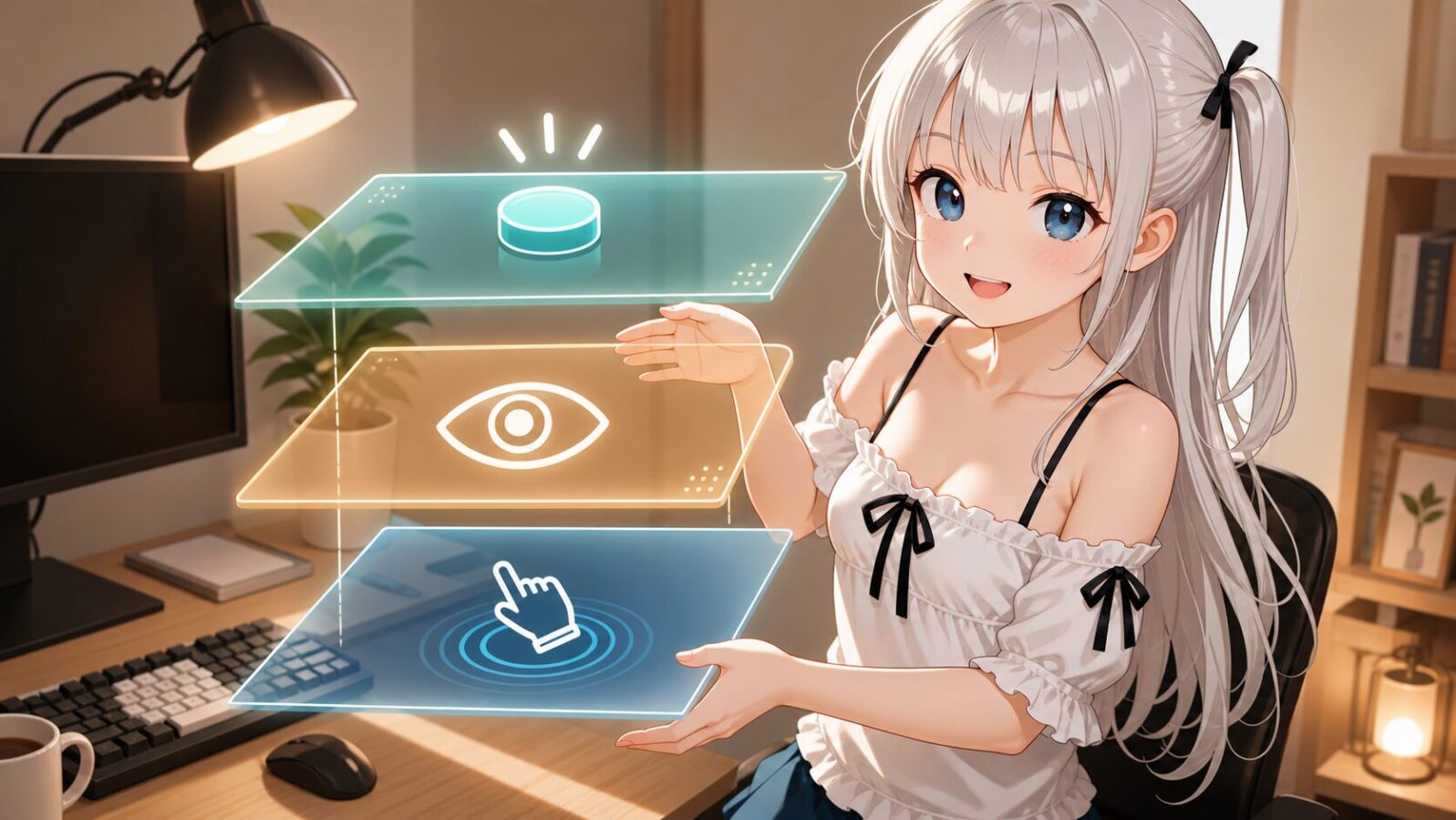 Computer Use、AppShot、補助コマンドの役割を分けて扱う構成を、重なったレイヤーと案内キャラクターで表した画像。