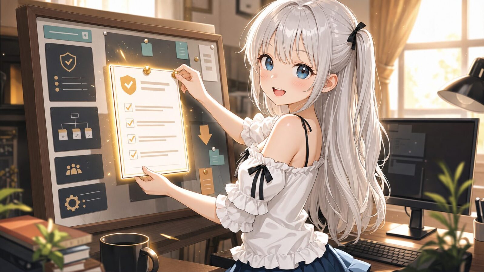 AppShot自律発火の条件と停止条件をAGENTS.mdの運用契約へ昇格する様子を、チェックリスト風のボードと案内キャラクターで表した画像。