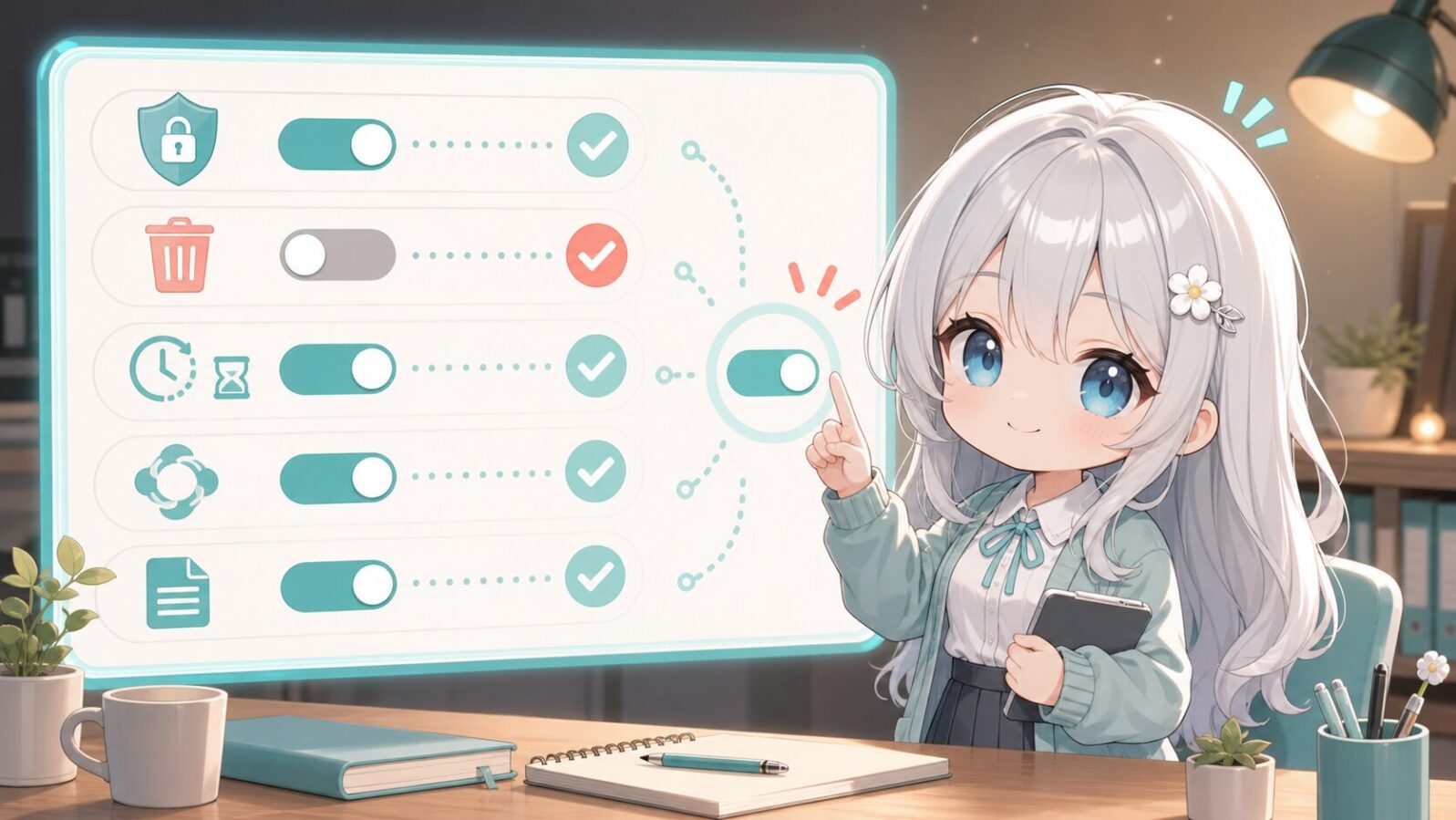 プライバシー、削除、時間、一時利用、ファイル参照を思わせるチェック項目とトグルが並び、じぴこがメモリON前の確認点を指している。 Dreamingの文脈に沿う内容。
