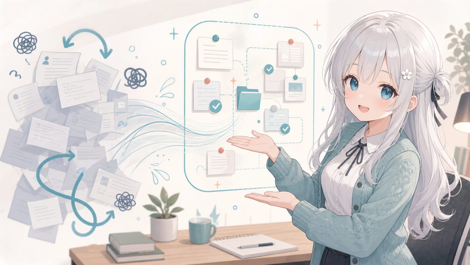 散らかったメモ束から整理されたカード群とチェック項目へ流れが移り、じぴこが外部記憶で説明負担が軽くなる様子を案内している。 メモリの文脈に沿う内容。