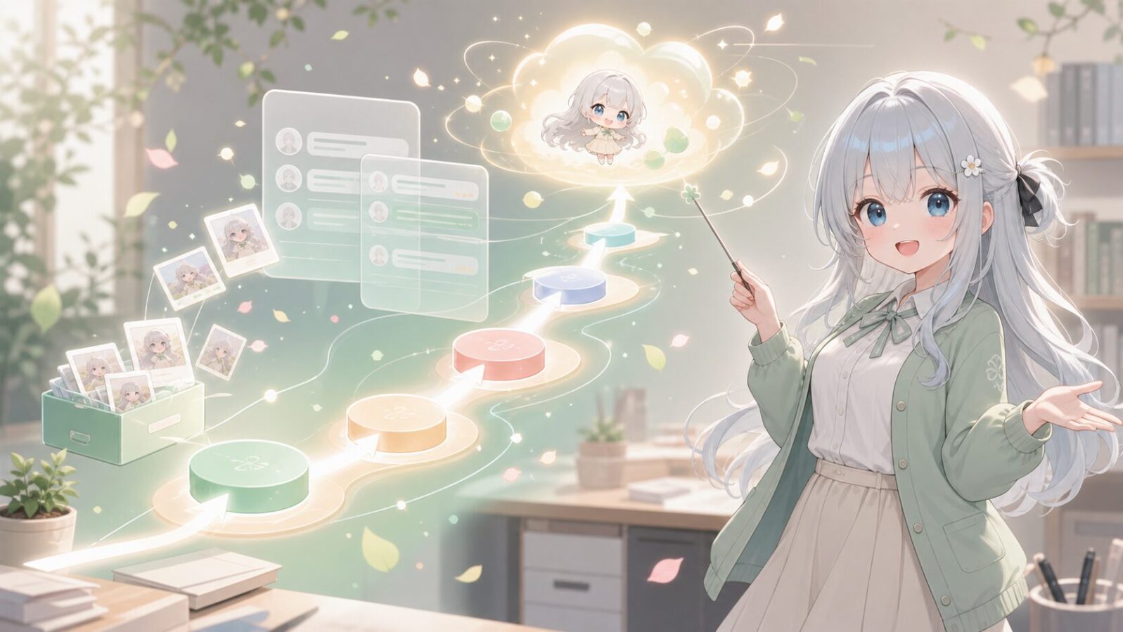 保存済み写真やチャット風カードから段階的な丸いステップを経て雲状の記憶へ進み、じぴこが流れを説明している。 OpenAIの文脈に沿う内容。