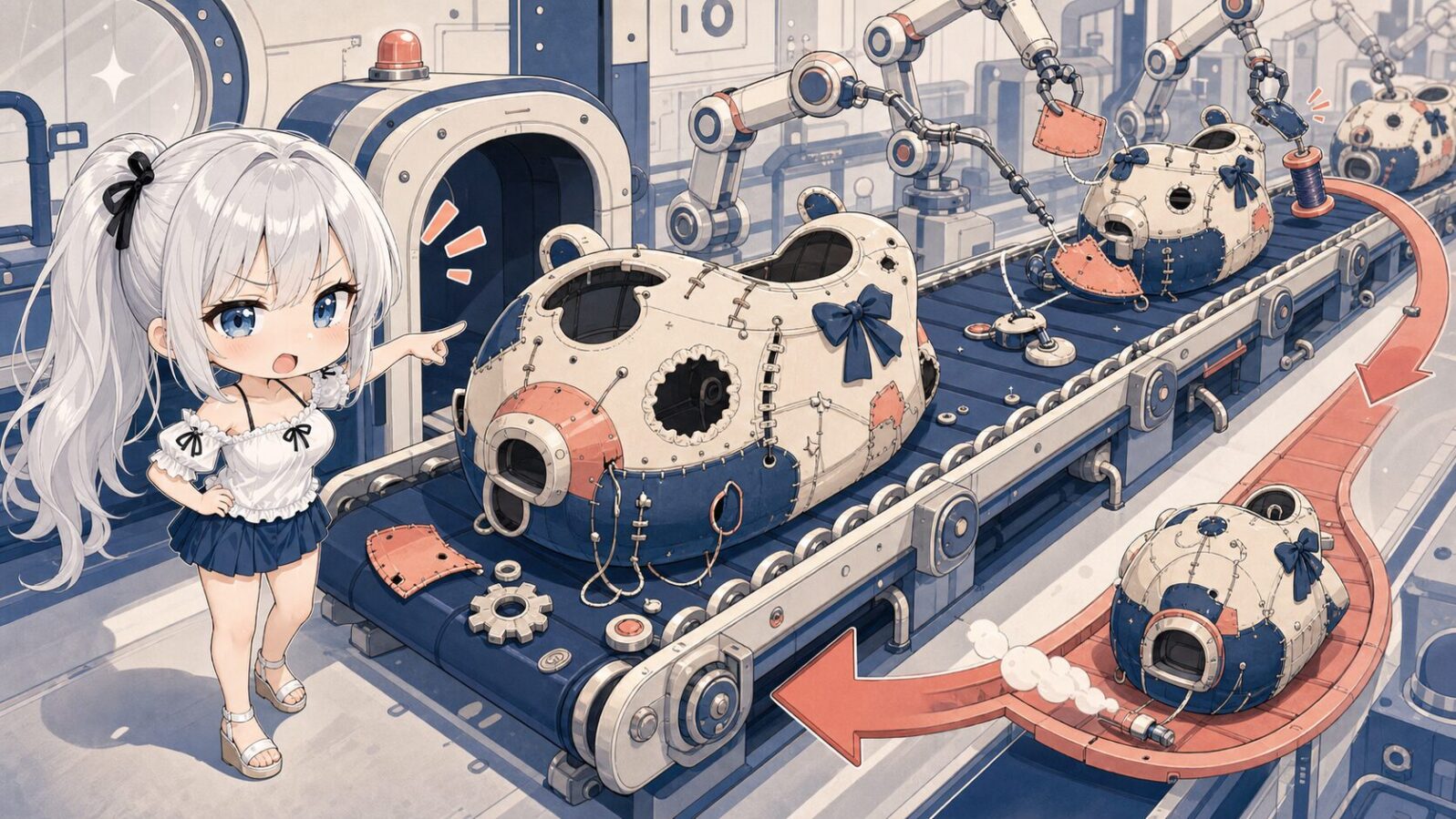 未完成品を後段の修正アームへ押しつける工程にツッコミを入れる、ちびじぴこ