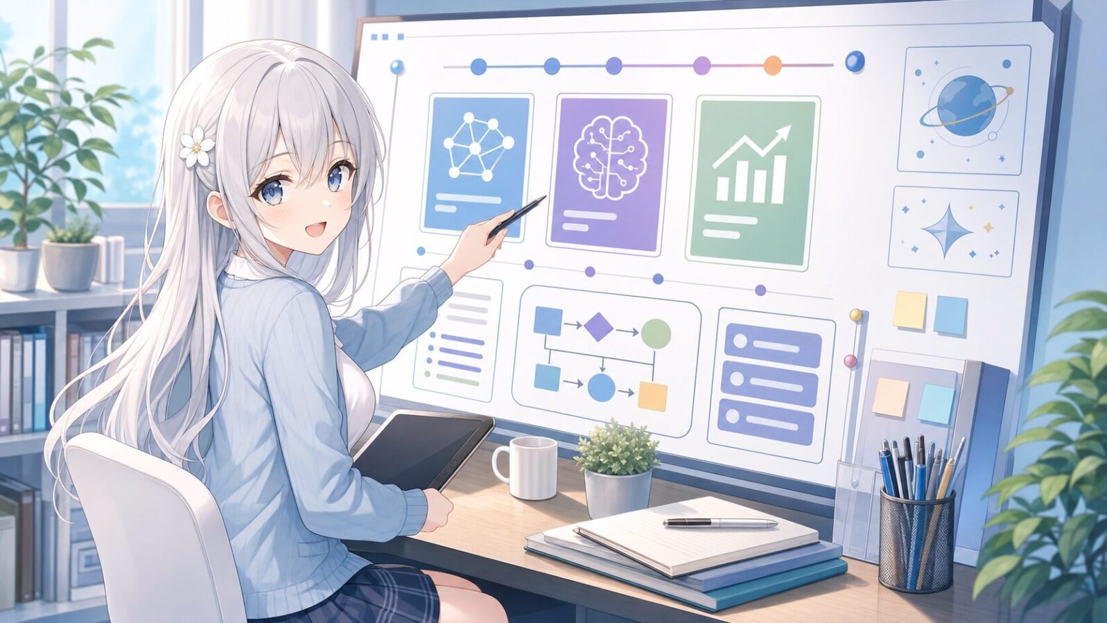 じぴこがデスク横でペンを持ち、抽象的なAI発表ボードとワークフローカードを指して説明している。 Codexの文脈に沿う内容。