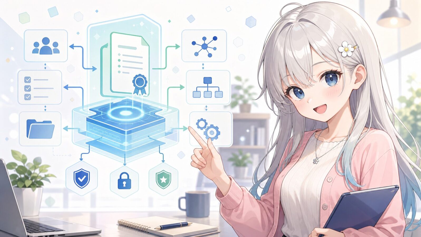 銀白髪・青い目・小さな花ピンのじぴこが、明るいデスク空間で抽象的なOS/契約レイヤーとワークフロー図を指し示す、非性的なアニメ記事イラスト。画。 Codexの文脈に沿う内容。