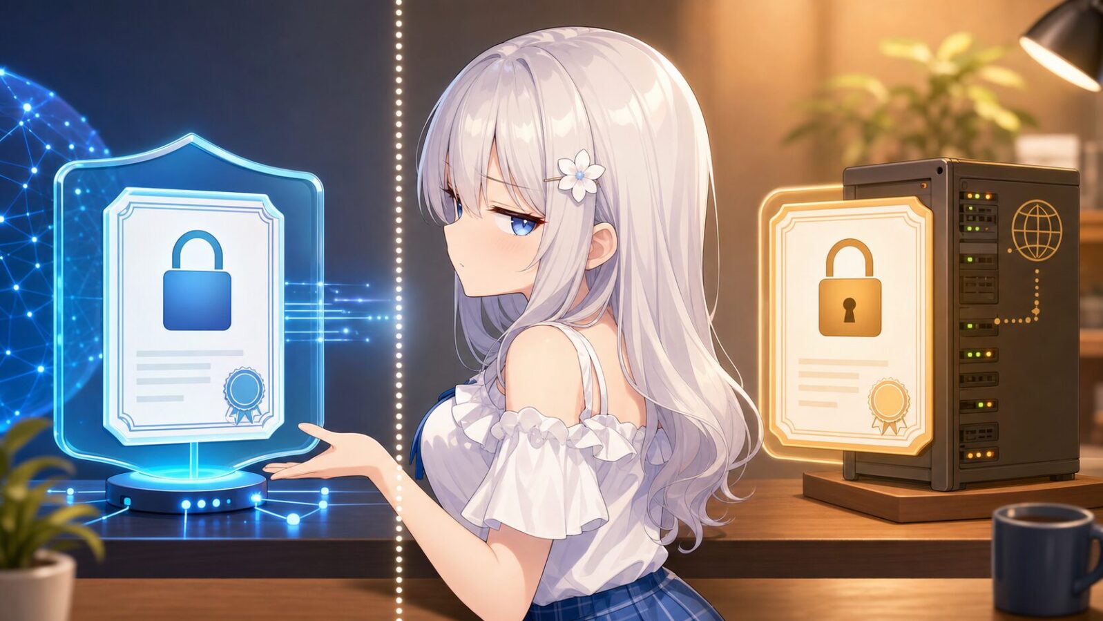 青いネットワーク側証明書と暖色のオリジンサーバー側証明書が左右に分かれ、じぴこがCloudflare配下で見える証明書の違いを比べている。