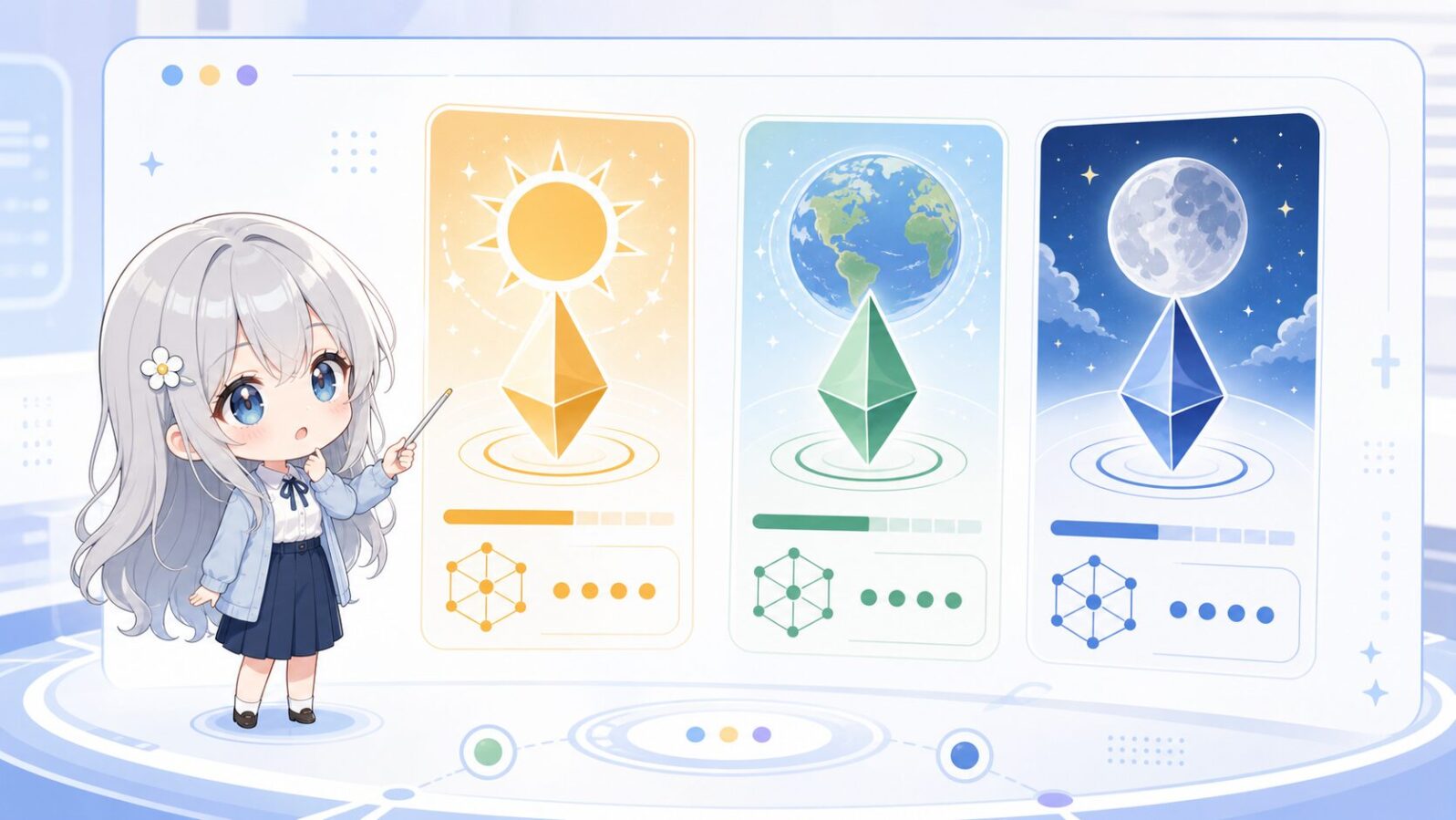 ちび化したじぴこが、太陽・地球・月を象徴する三つのカードの横で違いを案内している。 Solの文脈に沿う内容。