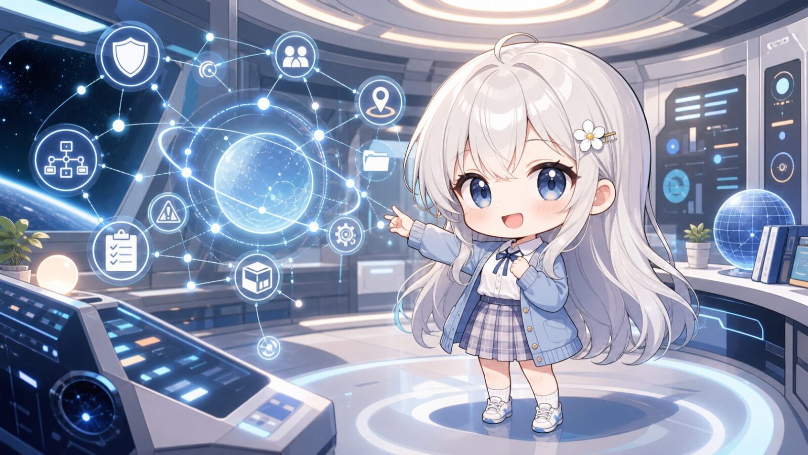 宇宙船の管制室風の明るい空間で、銀白髪・青い目・小さな花の髪飾りのちびじぴこが、権限・位置・警告・手順チェックなどを示す抽象ノードに手を向け、。 カーネルの文脈に沿う内容。