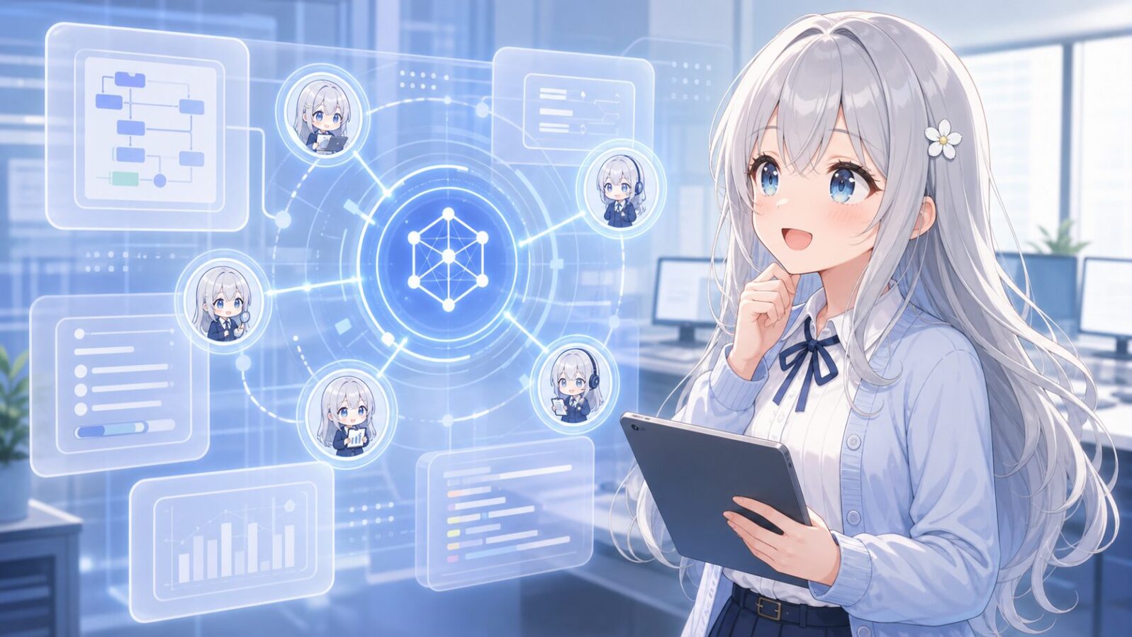 じぴこがタブレットを持ち、中央の推論ノードと複数のエージェント風アイコンがつながる透明な画面を見ている。 GPT-5.6の文脈に沿う内容。