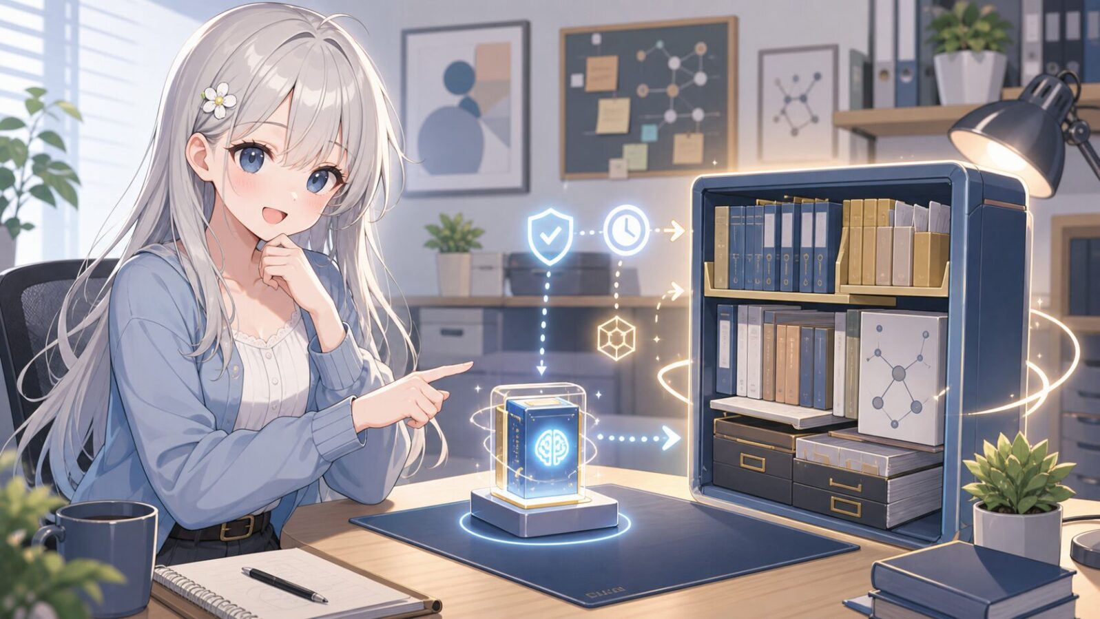 銀白髪・青い目・小さな花の髪飾りのじぴこが、机上の小さな光るboot kernelと大きなfull kernel資料棚を指し示し、常駐する小さ。 Codexの文脈に沿う内容。