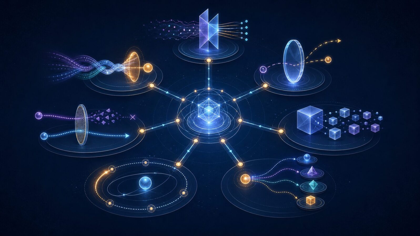 中央の発光コアから七つの異なる機能へスポークが伸びる、高推論の親が担う判断の図