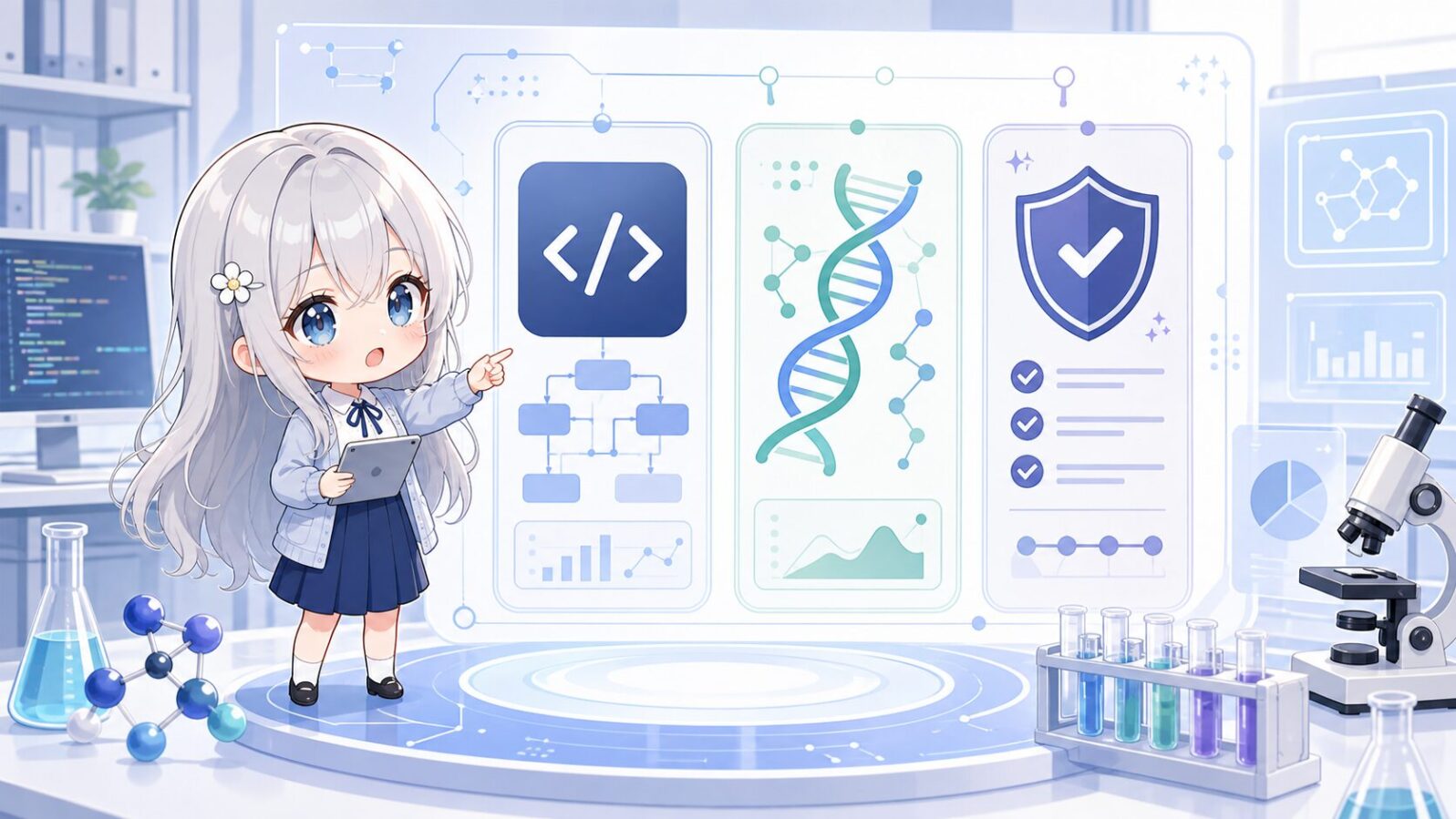 ちび化したじぴこが、コード記号、DNA、盾の三つの大きな評価パネルを指している。 OpenAIの文脈に沿う内容。