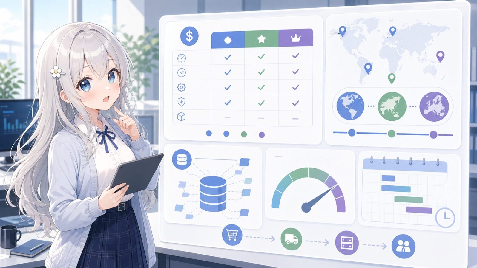 じぴこがタブレットを持ち、価格表、世界地図、データベース、メーターが並ぶ実務導入ダッシュボードを見ている。 GPT-5.6の文脈に沿う内容。
