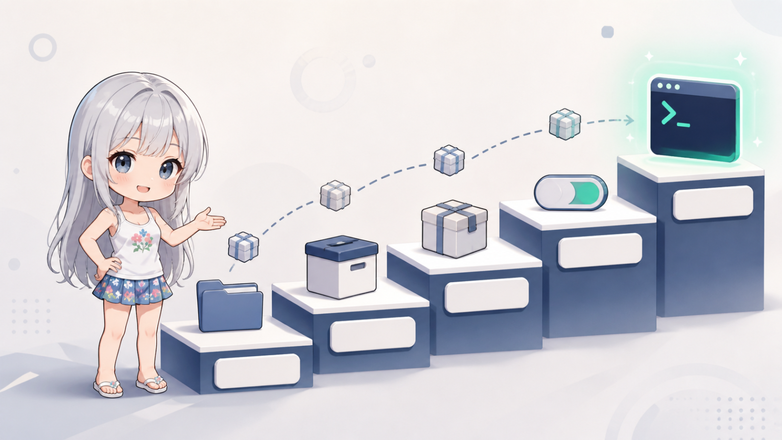 pluginのsourceからcache、install、enable、fresh実行まで増える確認状態を示すちび姿のじぴこ