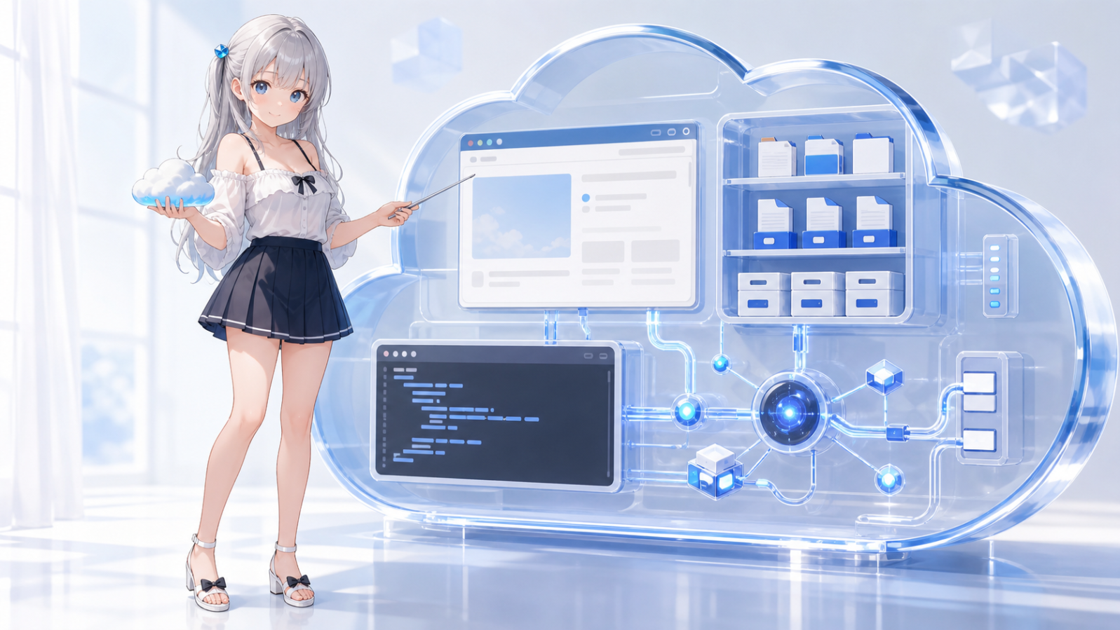 専用クラウドLinux VMのブラウザ、ファイル、ターミナルを説明するじぴこ