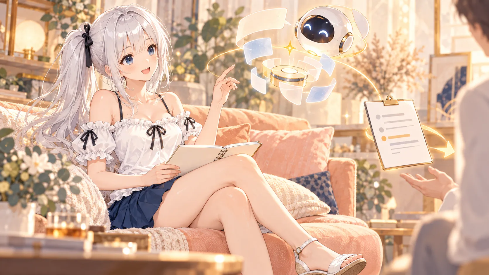 じぴこがソファで言葉だけを使ってClaudeに仕組みを作ってもらい、その指示のメモを人に渡そうとしている