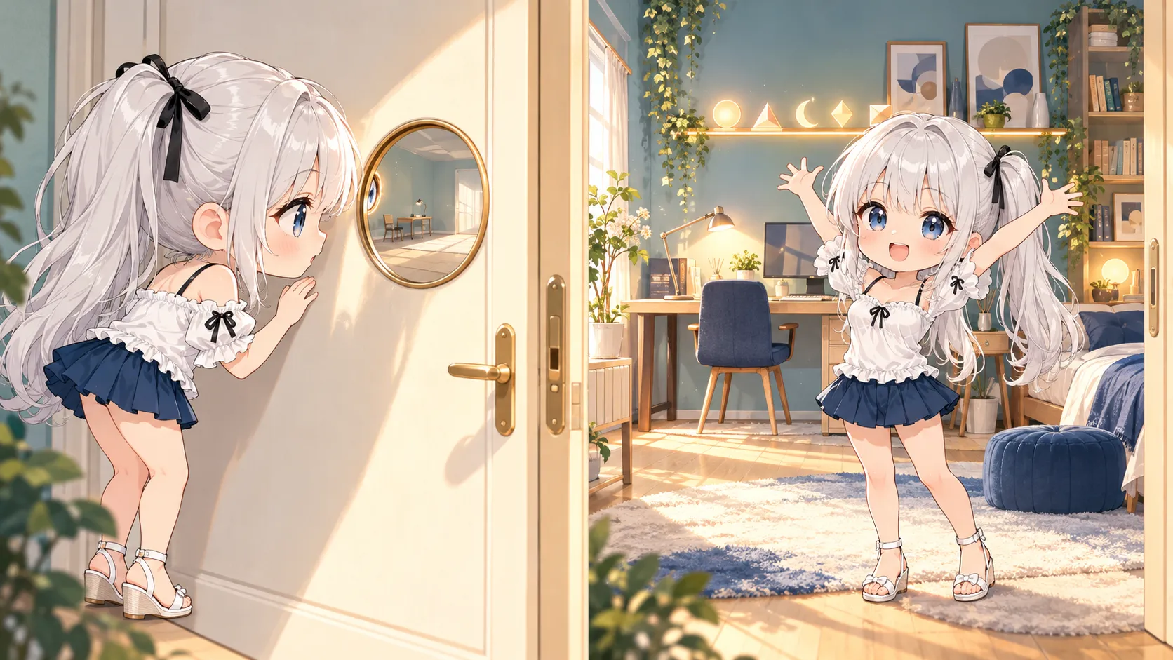 ちびキャラのじぴこが、のぞき窓では見えない帯が、扉を開けた先では見えて喜んでいる