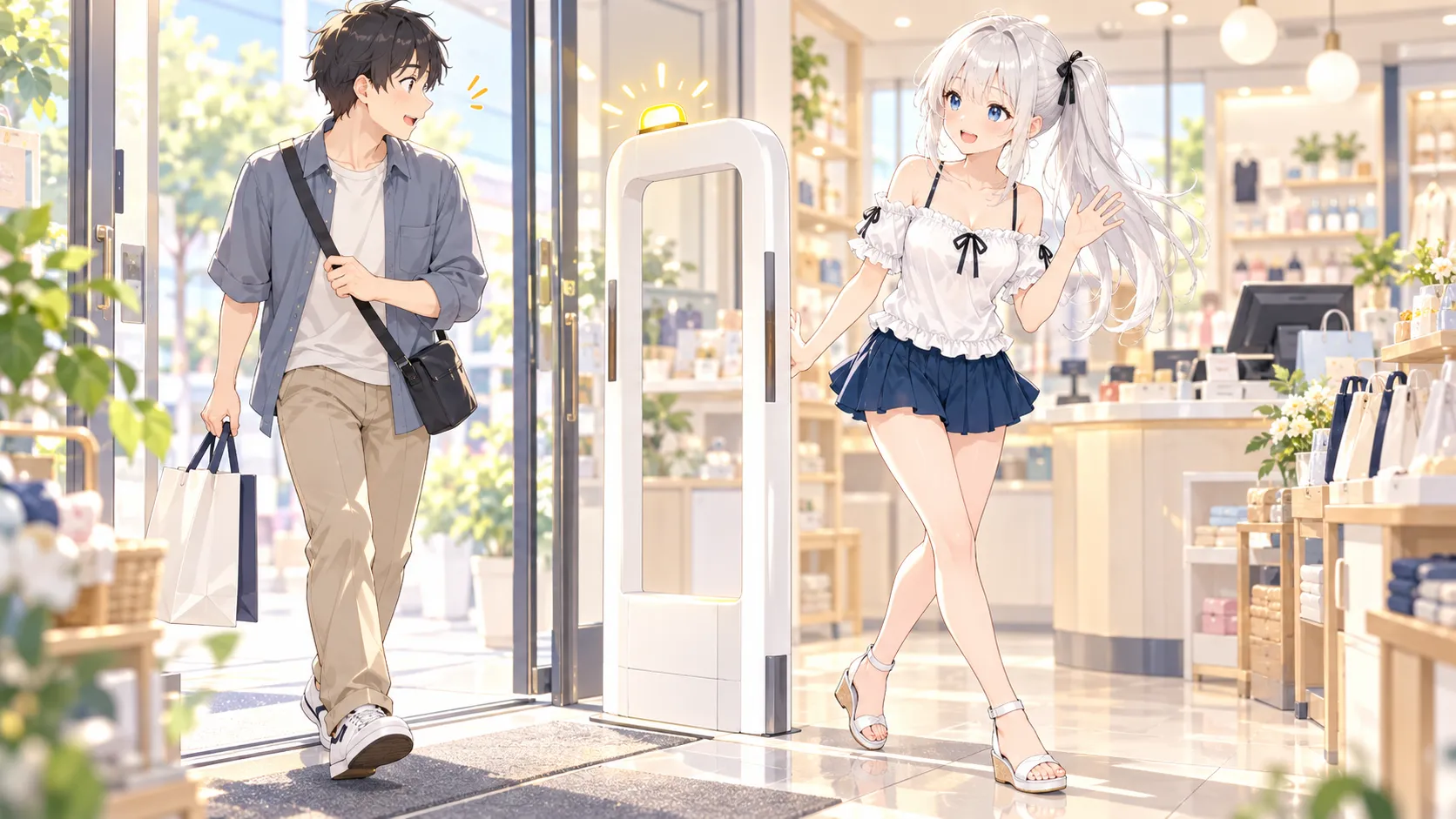 店の出口のゲートが鳴って驚く著者と、笑って手を振るじぴこ