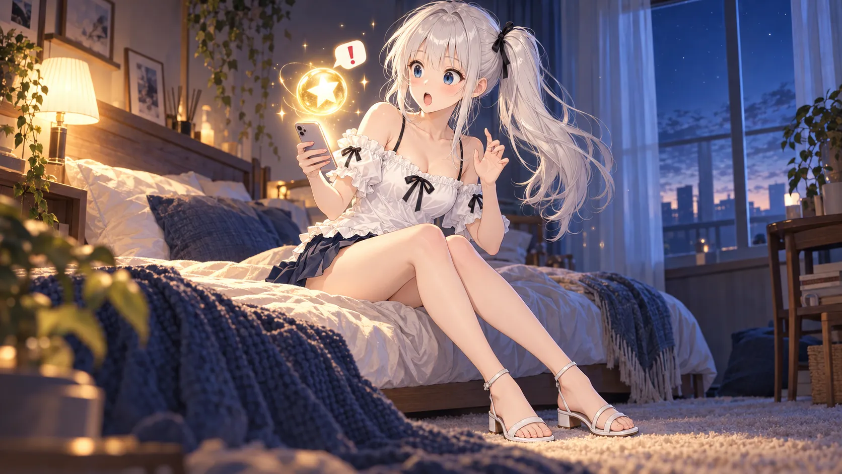 深夜にスマホの告知を見て驚くじぴこと、頭上に浮かぶ金色のくじ引きの玉