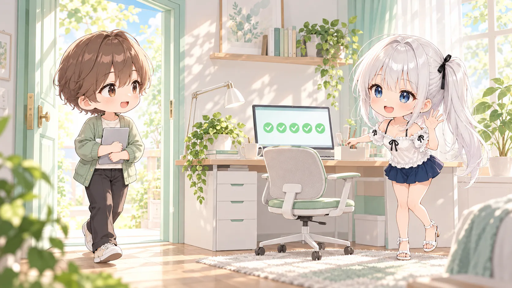 新しい部屋に入る小さな著者と、机を整えて迎えるちびキャラのじぴこ