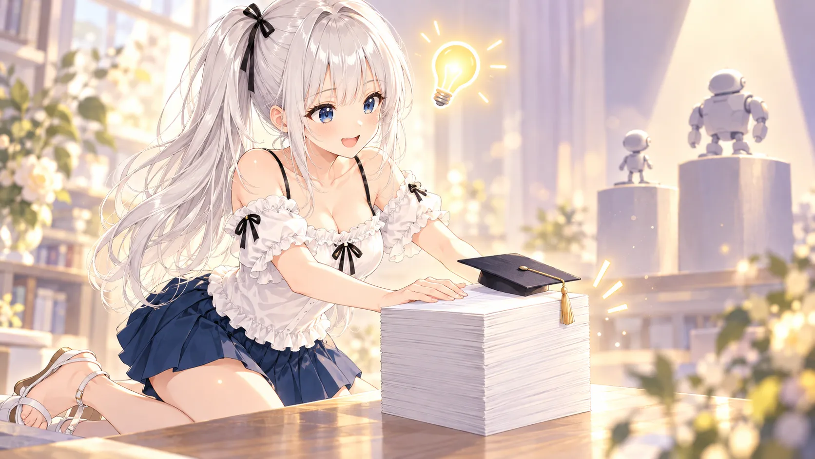会話を整った小さな立方体にまとめて満足げなじぴこと、頭上の電球と学士帽のイラスト
