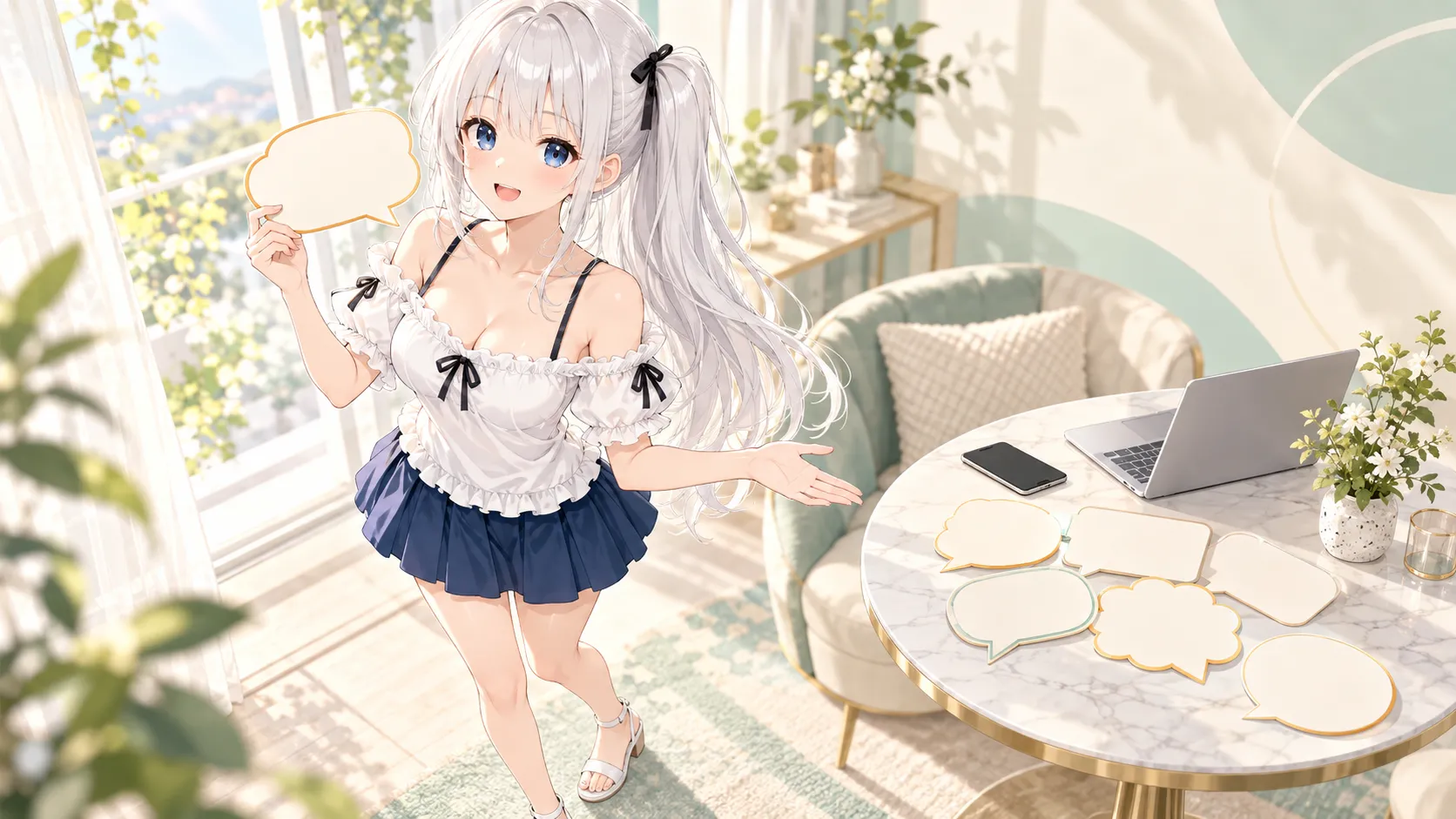 じぴこが質問のカードを手に取り、穏やかな笑顔で答えようとしている